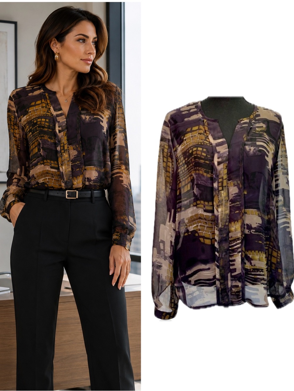 Melanie Lyne Purple Sheer Chiffon Abstract Print Long Sleeve Blouse Top Size M